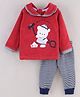BRATS AND DOLLS Cotton Velvet Knit Full Sleeves Top & Lounge Pant Set Cat Applique & Stripes - Red