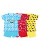 SuperBottoms Pack Of 3 Short Sleeves Tie Dyed & All Over Square Dog & Block Printed Tops With Shorts - Blue Red & Yellow
