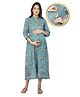 Zelena Three Fourth Sleeves Jaipuri Printed 100% Cotton Frill Maternity Feeding Dress - Blue