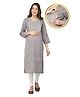 Zelena Three Fourth Sleeves 100% Cotton Zari Yoke Embroidered Seamless Floral Printed Kurta - Grey