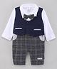 Little Folks Cotton Knit to Knit Full Sleeves Checks Romper With Bow - Blue
