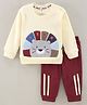 Little Folks Knitted Full Sleeves Tee & Pants Set with Lion Patch - Cream Maroon