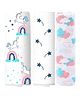 Elementary Organic Cotton Muslin Swaddle Wraps Magical Unicorn Rainbow Theme Print Set of 3 - Pink Blue and Off White