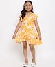 Tales & Stories Short Frill Sleeves Palm Trees Printed Frill Panel Detail Dress - Orange
