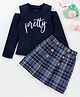 Ollington St. Cold Shoulder Top & Checks Skirt Pretty Embroidery - Navy Blue