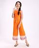 Pine Kids Singlet Sleeves Woven Lace Jumpsuit with Waist Tassel and Floral Print - Orange