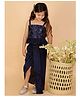 Vastramay Sleeveless Floral Embroidered Peplum Top With Dhoti Mock Styled Front Slit Lehenga - Navy Blue
