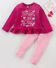 Babyhug Full Sleeves Cotton Top & Leggings Set Text & Floral Print- Wine Pink