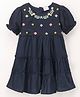 Babyhug 100% Cotton Puffed Sleeves Tiered Frock With Floral Embroidery- Navy