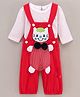 WOW Clothes Full Sleeves Cotton T-shirt with Dot Print and Dungaree with Kitty Patch and Bow Applique- Red