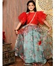 Lilpicks Couture Flutter Sleeves Floral Applique Detail Choli And Floral Print Tassel Ornamentaion Detail Lehenga With Lace Embellished Frilled Dupatta - Red Sky Blue