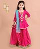 Pspeaches Three Fourth Sleeves Floral Foil Printed Kurta & Lehenga With Dupatta Set - Magenta Pink