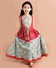 Pspeaches Sleeveless Jaipuri Floral Printed & Mirror Work Embellished Peplum Style Kurta With Coordinating Flared Lehenga - Green