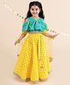 Pspeaches Short Sleeves Leheriya Design Choli With Floral Motif Block Print & Latkan Detailed Pom Pom Laced Contrast Lehenga With Dupatta - Blue Yellow