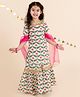 Pspeaches Half Sleeves Lotus Printed Kurta With Sharara And Dupatta - Beige