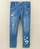 ToffyHouse Full Length  Medium Wash Denim Jeans  Floral Embroidered - Blue