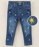 ToffyHouse Full Length  Medium Wash Denim Jeans  Floral Embroidered - Blue