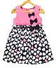 Young Birds Sleeveless Bow Applique Bodice Hearts Printed Flare Paperbag Style Gathered Dress - Pink & Black