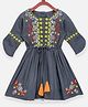Lilpicks Couture Full Sleeves Floral Embroidered Waist Yoke Tie Up Detail Dress - Grey