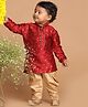 Vastramay Full Sleeves Foil Square Threadwork Detail Kurta & Solid Dhoti Set - Maroon