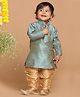 Vastramay Full Sleeves Motif Self Design Kurta & Solid Pajama Silk Set - Azure Blue & Rose Gold