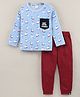 Little Folks Brushed Fleece Full Sleeves Pre Winter T-Shirtwith Polar Bear Print and Lounge Pant Set - Blue & Maroon