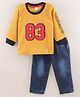 Little Folks Full Sleeves T-Shirt With Applique Embroidery & Denim Jeans- Yellow Blue