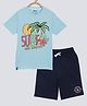 3PIN Half Sleeves Surf Wave Adventure Print T Shirt With Placement Champion Print Shorts - Sky Blue
