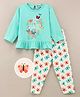 Wonderchild Full Sleeves Flower & Text Placement Printed Top With All Over Butterfly Printed Pyjama - Sea Green