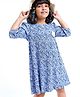 Babyhug Full Sleeves Frock With Flower Applique And Print - Blue