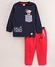 Brats And Dolls Full Sleeves Tee & Trouser Bear Embroidery - Navy Blue Red