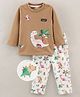 Wow Clothes Cotton Knit Full Sleeves Dino Printed Night Suit - Brown
