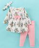 WOW Clothes Full Sleeves Floral Print Top with Solid Colour Leggings with Headband- Pink