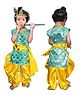 Sarvda Short Sleeves Peacock Feather Print Shri Krishna Kurta And Dhoti With Mukut Basuri Mala Kundal And Morpankh - Blue