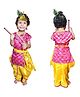 Sarvda Short Sleeves Peacock Feather Print Shri Krishna Kurta And Dhoti With Mukut Basuri Mala Kundal And Morpankh - Pink