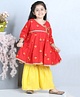 Adiva Three Fourth Sleeves Floral Printed & Lace Embellished Angrakha Kurta With Sharara - Red