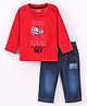Child World Cotton Full Sleeves T-shirt & Jeans Set Plane Embroidery With Patch- Red Blue
