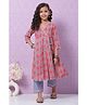 BIBA Three Fourth Sleeves Motif Printed Anarkali Kurta & Palazzo Pants Set - Slate Blue & Pink
