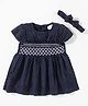 Babyhug 100 % Cotton Cap Sleeves Frock With Headband & Smock Detailing Polka Dot Print- Navy Blue