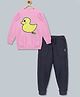 Kiddopanti Full Sleeves Duck Placement Fetailed Sweatshirt With Track Pant - Pink & Navy Blue