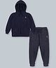 Kiddopanti Full Sleeves Logo Printed Kangaroo Pocket Hooded Sweatshirt & Track Pants Set - Navy Blue