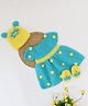 Woonie Handmade Floral Pattern Embroiderd With Bow Detailed Cap & Booties - Blue & Yellow