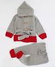 Woonie Handmade Crochet Full Sleeves Dual Colour Hooded Belt Detail Sweater With Drawstring Pant - Grey Red