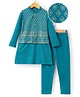 Earthy Touch Knit Full Sleeves Foil Work  Kurta & Pyjama Set With Waistcoat - Blue