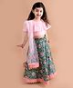 Pspeaches Cold Shoulder Half Sleeves Lurex Checked Choli With Seamless Jaipuri Floral Printed Pom Pom Detailed Lehenga & Dupatta - Pink