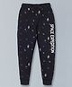 Plum Tree All Over Planet & Astronaut With Space Expedition Text Placement Printed Track Pant - Black