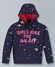 Plum Tree Full Sleeves All Over Planet & Star With Girls Rule Galaxy Text Detailed Hooded Sweatshirt - Navy Blue