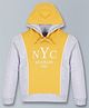 Plum Tree Full Sleeves NYC Text Printed Cut & Sew Color Blocked Hoodie Sweatshirt - Yellow & Grey