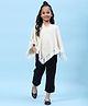 BIBA Wool Half Cape Sleeves Sequin Embellished Neckline & Tassel Detailed Poncho Top - Off White