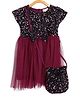 Bella Moda Cap Sleeves Sequins Embellished Bow Applique Net Pleated Dress With Sling Bag - Maroon